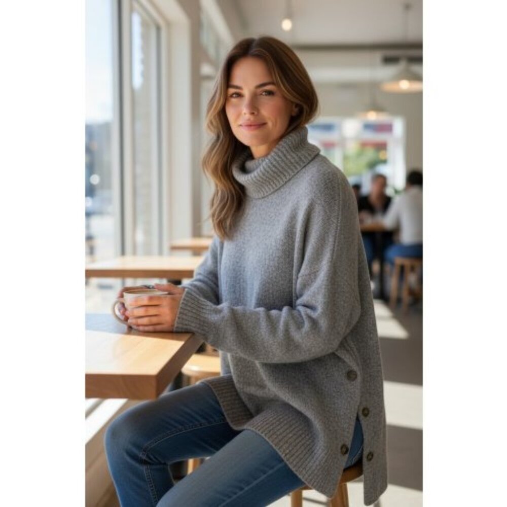 ELLOS Gray Oversized Wool Button Accent Tunic Turtleneck Sweater Ladies Medium